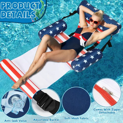 Vista 3 de Paquete de 2 flotadores inflables 2 en 1 para piscina con reposabrazos, tumbonas flotantes de tela para piscina, fideos para adultos, silla flotante