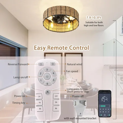 Vista 4 de Ganeed Ventilador de techo bohemio de 20 pulgadas con luz, ventilador de techo enjaulado de ratán tejido a mano con luz y control remoto, ventilador