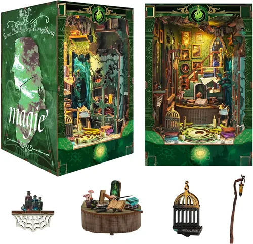 Vista 11 de Kit de rincón de lectura - Kit de casa de muñecas DIY en miniatura de madera con cubierta de polvo, estantería decorativa, rompecabezas 3D