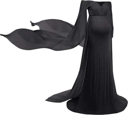 Vista 3 de Vestido de maternidad elegante con hombros descubiertos para mujer vestido de maternidad ajustado de gasa manga acampanada vestido de fotografía