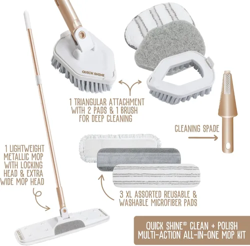 Vista 2 de Quick Shine Ultimate Gold Clean + Polish Mop Kit Kit todo en uno de 9 piezas con accesorios intercambiables No necesita baterías Sistema