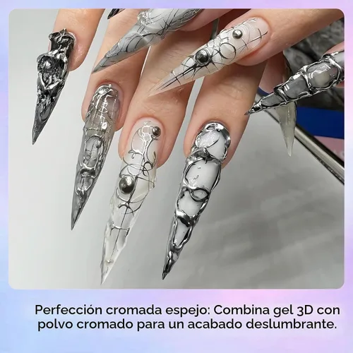 Vista 5 de Creaglam Arte de gel de uñas 3D: 2 piezas de 0.5 fl oz de pegamento de uñas de gel para tallar patrones de decoración - Polvo de uñas cromado