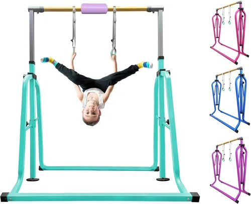 Vista 11 de Foldable Gymnastics Kip Bar with Rings & Bar Pad, 3 FT–5 FT Adjustable Horizontal Bar for Kids, 7-Level Height, 300 LBS Weight Capacity, Indoor Home