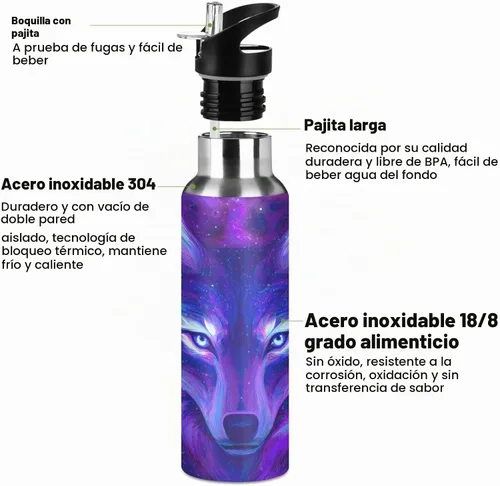 Vista 3 de Botella de Agua de Lobo Tazas de Lobo Botella de Agua Galaxia para Niños Niñas con Tapa de Pajita Lobos Aislada Acero Inoxidable Frasco de Agua a007