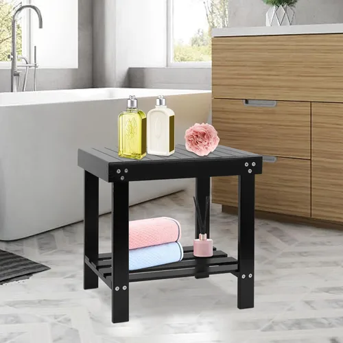 Vista 2 de VaeFae Taburete de bambú para asiento de spa, reposapiés, taburete de afeitado con pies antideslizantes, estante de almacenamiento para toalla