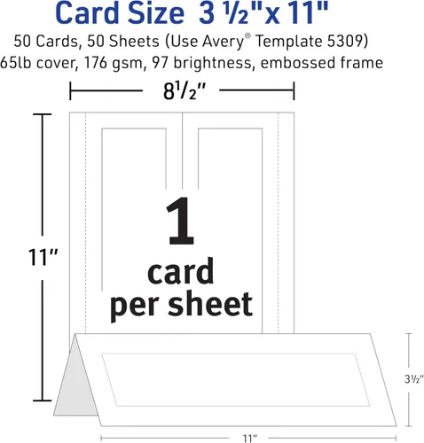 Vista 4 de Avery Tarjetas de Mesa Imprimibles, 3.5" x 11" pulgadas, Blancas con Borde en Relieve, 50 Tarjetas de Lugar en Blanco para Impresoras Láser