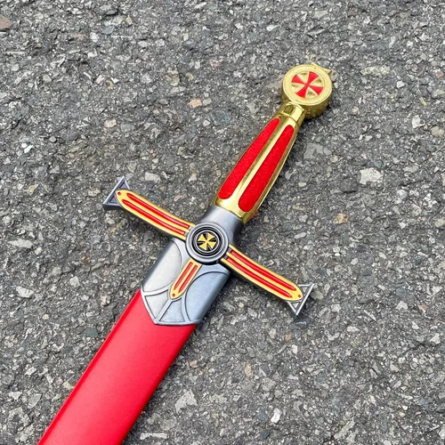 Vista 5 de Medieval Templar Knight Sword – 33-33.3 Inch Black & Red & Gold Crusader Replica for Cosplay, Collection & Display