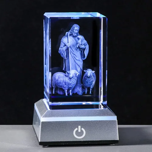 Vista 8 de YWHL Figuras de belén de cristal 3D con base colorida grabada con láser, estatuas de la Santa Familia para regalos religiosos para mujeres y hombres