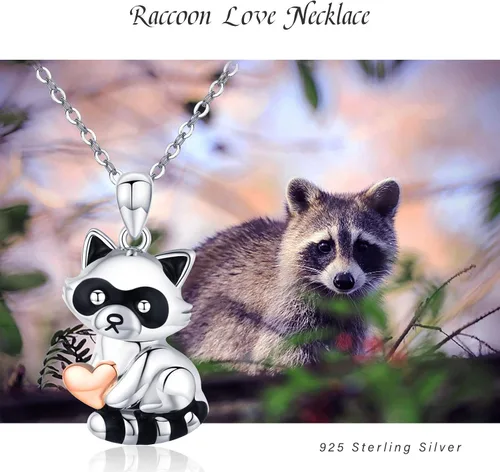 Vista 5 de CHENGHONG Collar con colgante de corazón de mapache abrazo de amor, lindo collar de mapache de plata de ley 925, collar de animal de mapache