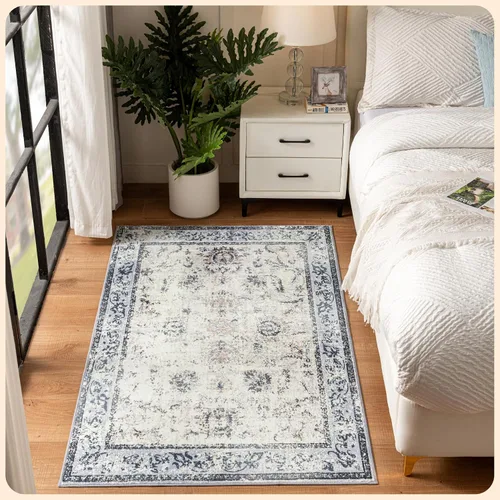 Vista 366 de Istana Alfombra larga antideslizante de 2.5 x 8 para el hogar, para pasillo y cocina, lavable, sedosa y suave al tacto, elegante, color azul y marfil