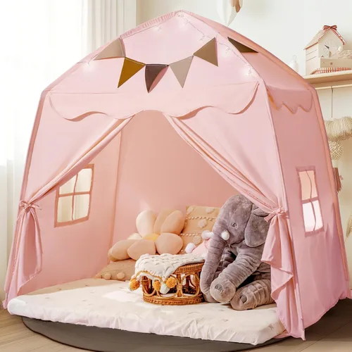 Vista 10 de Tienda de Juegos Extra Grande para Niños con Banderas y Luces de Estrella, Tipi Portátil y Plegable, Tiendas de Cama Dosel de Cama para Niños