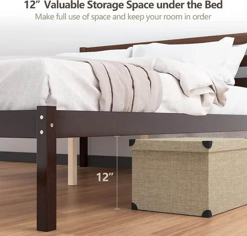 Vista 5 de Giantex Base de cama de plataforma de madera, cabecera con paneles, soporte de listones de madera, no necesita resortes, base de colchón de cama