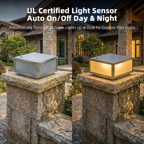 Vista 3 de Luz de poste de acero inoxidable cepillado 304 de 10 x 10 pulgadas, sensor de luz con certificación UL, luz de pilar grande para villas de lujo