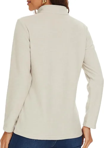 Vista 5 de MAGCOMSEN Sudadera de forro polar con cremallera de un cuarto para mujer, suave, ligera, manga larga, cálida, Beige