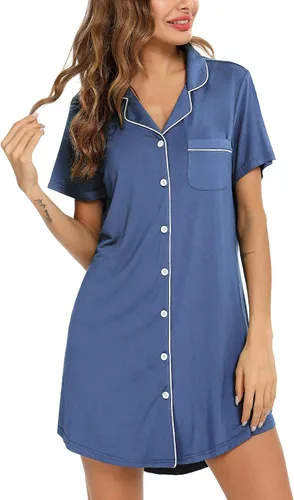 Vista 162 de Samring Camisón de pijama para mujer, manga corta/larga, con botones, camisón para dormir, camisón para novio, talla XXL