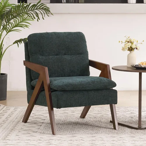 Vista 15 de Silla con acento moderno de mediados de siglo con marco de madera maciza, sillas tapizadas de chenilla para sala de estar con cojín para dormitorio