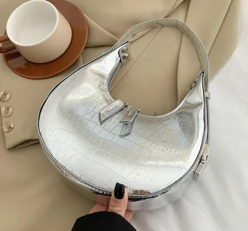 Vista 9 de Bolso Hobo para mujer, bolso de plata Y2k, brillante de noche, embrague brillante, para axilas, bolso de hombro de piel sintética