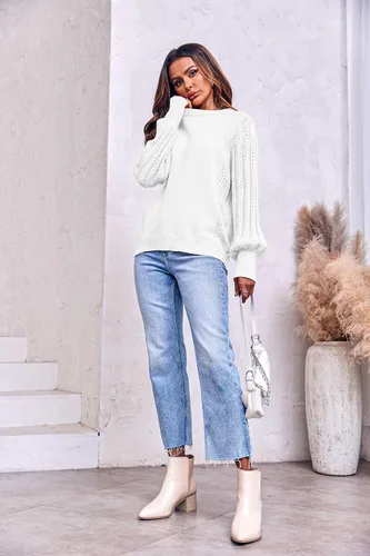 Vista 3 de Onedreamer Suéter de punto para mujer con puntos de punta, suéter largo de manga de globo de murciélago, blusa de invierno