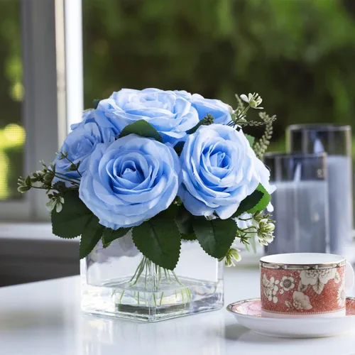 Vista 2 de ENOVA FLORAL 9 cabezas de rosas artificiales en jarrón, rosas falsas con jarrón de cristal para decoración (azul)