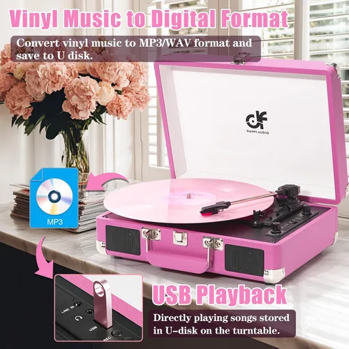 Vista 5 de Tocadiscos de vinilo Bluetooth, tocadiscos portátil vintage para maleta Rosa bebé