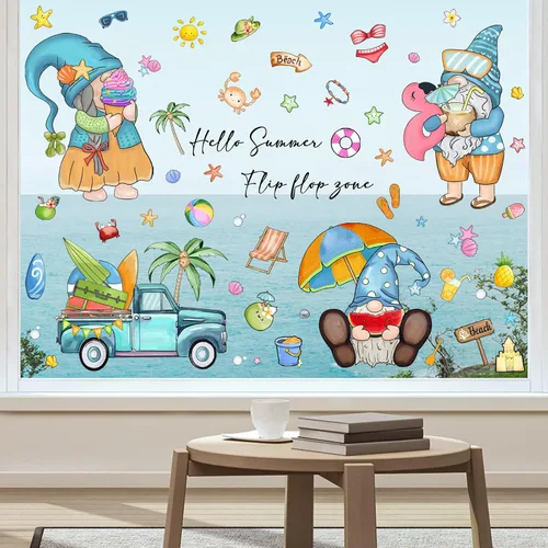 Vista 6 de AnyDesign 109 calcomanías de PVC reutilizables para ventana de verano con diseño de gnomos tropicales de Hello Summer para ventana de camión