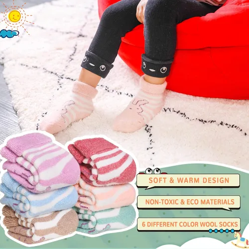 Vista 2 de 6 pares de calcetines antideslizantes para bebés, niños y niñas, calcetines cálidos de lana gruesa y suave con empuñaduras