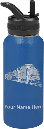 Vista 52 de LaserGram Botella de agua personalizada, tren de carga, acero inoxidable de doble pared aislada al vacío con popote superior, regalo grabado Negro