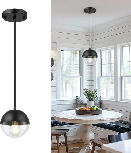 Vista 15 de LMS Lámpara Colgante de Mediados de Siglo de 6 Pulgadas, Lámparas Colgantes de Color Negro Mate con Cristal de Globo Blanco, Lámparas de Techo