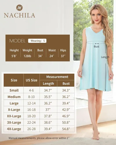 Vista 2 de NACHILA Camisones para mujer, viscosa hecha de bambú, sin mangas, camisón suave, camisón de satén con cuello en V
