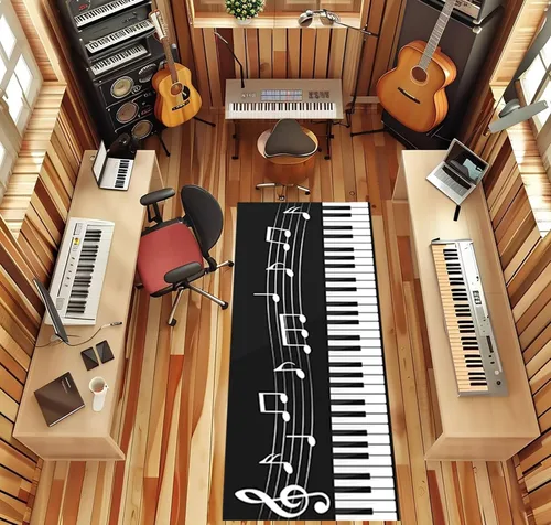Vista 2 de Alfombra antideslizante de 1.3 x 7 pies, diseño de piano, para amantes de la música, color negro y blanco, alfombra de pasillo para sala de estar