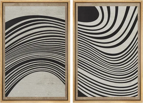 Vista 101 de SIGNWIN Lienzo enmarcado para pared, juego de arte de collage de ondas en espiral de mediados de siglo, formas abstractas, acogedor, neutro