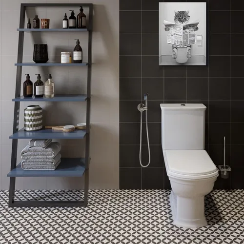 Vista 7 de Divertido lienzo de pared de gato en blanco y negro, decoración moderna de pared de baño, gato sentado en el inodoro, lectura de periódicos, pintura
