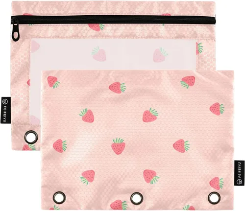 Vista 23 de Estuche para lápices de fresas rosas para carpetas de 3 anillas, estuche para lápices, bolsa de maquillaje con ventana transparente para almacenar