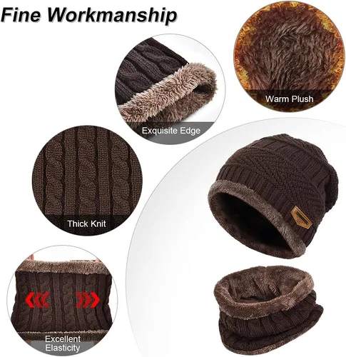 Vista 2 de Winter Hat Scarf Glove Set - Fleece Warm Knit Neck Warmer Beanie Cap Mittens