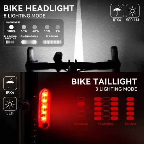 Vista 3 de Venzio Luces de bicicleta, juego de faros y luces traseras recargables