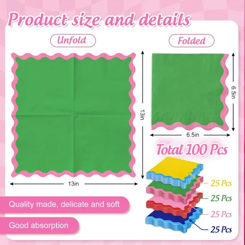 Vista 2 de Whaline 100 servilletas de papel festoneado azul, verde, rosa, amarillo, servilletas de almuerzo, desechables, decorativas, para postres, cenas
