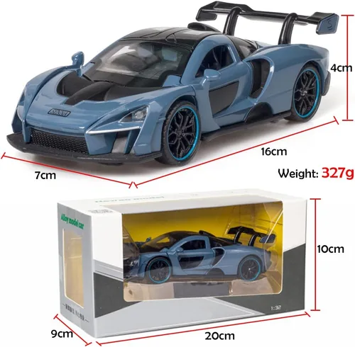 Vista 6 de Vehículo de juguete coleccionable de aleación azul McLaren Senna con retroceso automático, modelo de coche fundido a presión con luces y sonido