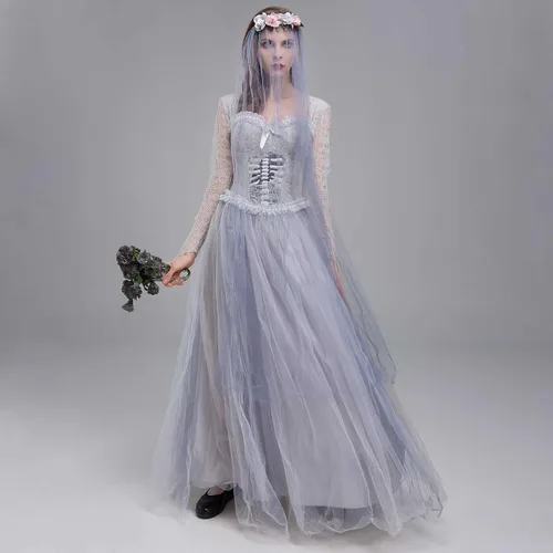 Vista 4 de Disfraz de novia de cadáver fantasma para mujer, vestido de cosplay de Halloween, vestido gótico corsé con velo, vestidos de empalme de malla