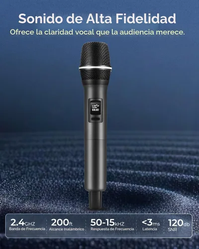 Vista 4 de Micrófonos inalámbricos, micrófono dinámico de mano dual con receptor recargable ultraestable 200 pies de libertad Sin interrupciones Duración