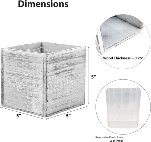 Vista 2 de CYS EXCEL 2 macetas de cubo blanco de 5 pulgadas con forro de plástico extraíble Múltiples opciones de maceta cuadrada de madera natural Caja