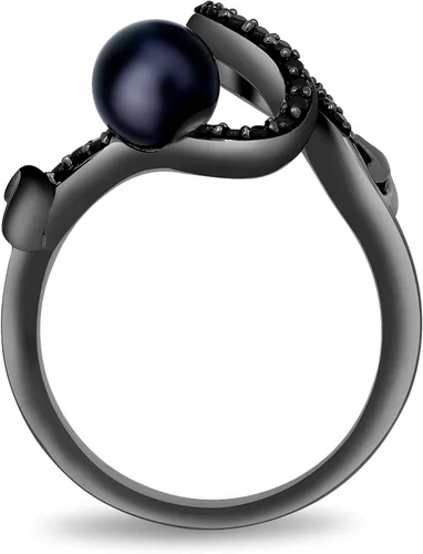 Vista 4 de Jewelili Enchanted Disney Fine Jewelry - Anillo de plata de ley con rodio negro sobre plata de ley de 0.256 in, perla redonda negra y 15 quilates