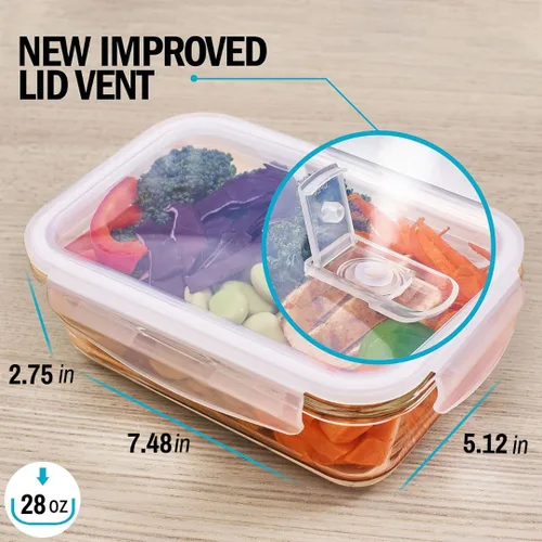 Vista 4 de Igluu Recipientes de vidrio para preparación de comidas con tapas de ventilación (paquete de 5) – 28 onzas (+Extra Lid) – Airtight & BPA-Free