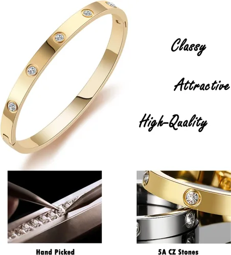 Vista 4 de RIMRIVA Gold Bracelets for Women 14K Gold Plated Friendship Bangle Bracelets Cubic Zirconia Stones Stainless Steel Bracelet Jewelry Love Christmas
