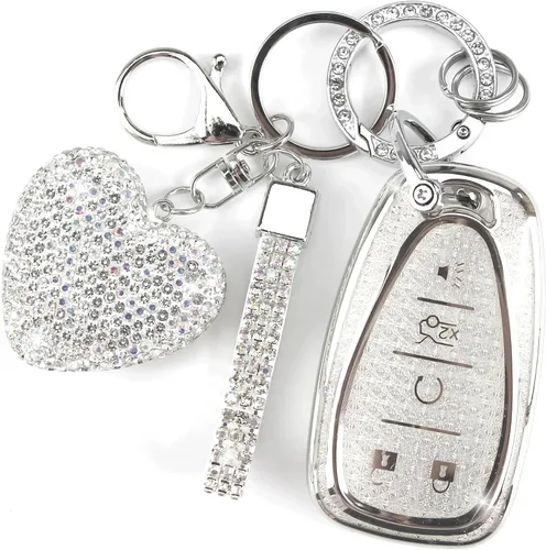 Vista 8 de Funda para Llavero con Llavero de Diamante para Mujeres Portallaves de Coche Compatible con Chevrolet Equinox Malibu Cruze Traverse Camaro Trax