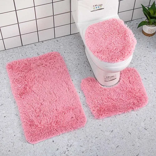 Vista 23 de Juego de 3 tapetes de baño para baño, suaves, antideslizantes, suaves, en forma de U, tapete para inodoro, tapete de baño y tapa de inodoro