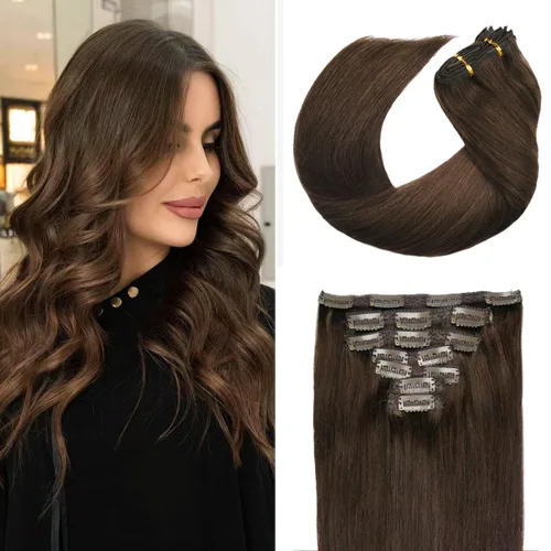 Vista 7 de Extensiones de cabello humano con clip de 14 pulgadas, 4.33 oz, 7 piezas, 16 clips, color marrón chocolate, doble trama, extensiones de cabello Remy