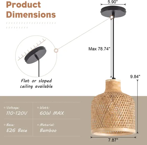 Vista 4 de Moderna lámpara colgante tejida de bambú, paquete de 2 cúpula de 7.8 pulgadas, cúpula costera de mimbre de bambú, accesorio de iluminación colgante