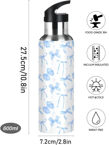 Vista 2 de Blueangle Botella de agua de 20 onzas con lazo de cinta azul, doble pared al vacío, botella de agua de acero inoxidable a prueba de fugas, botella