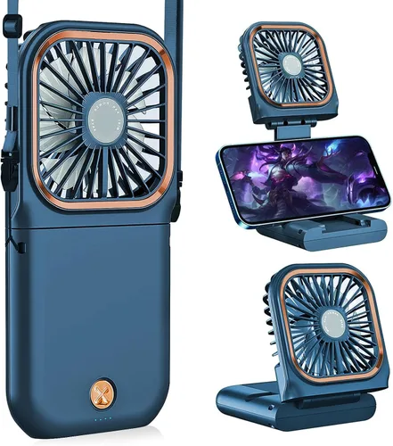 Vista 9 de Ventilador de mano portátil con soporte para teléfono, fuente de alimentación de 3000 mAh, ventilador de cuello recargable USB, ventilador pequeño