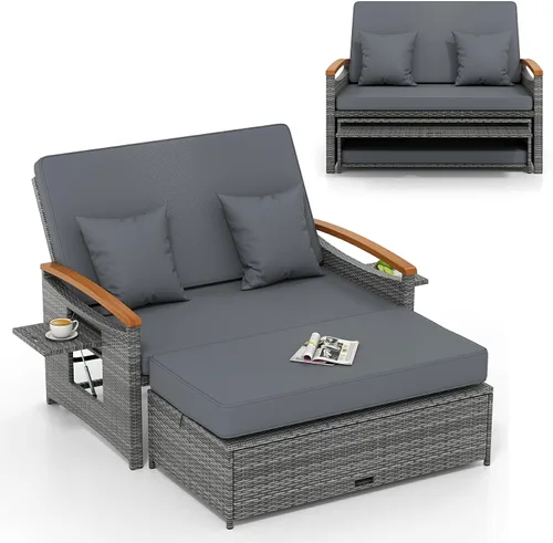 Vista 13 de LDAILY Moccha - Sofá de mimbre para exteriores, sofá biplaza de ratán para patio con respaldo ajustable de 4 niveles, paneles plegables, otomana